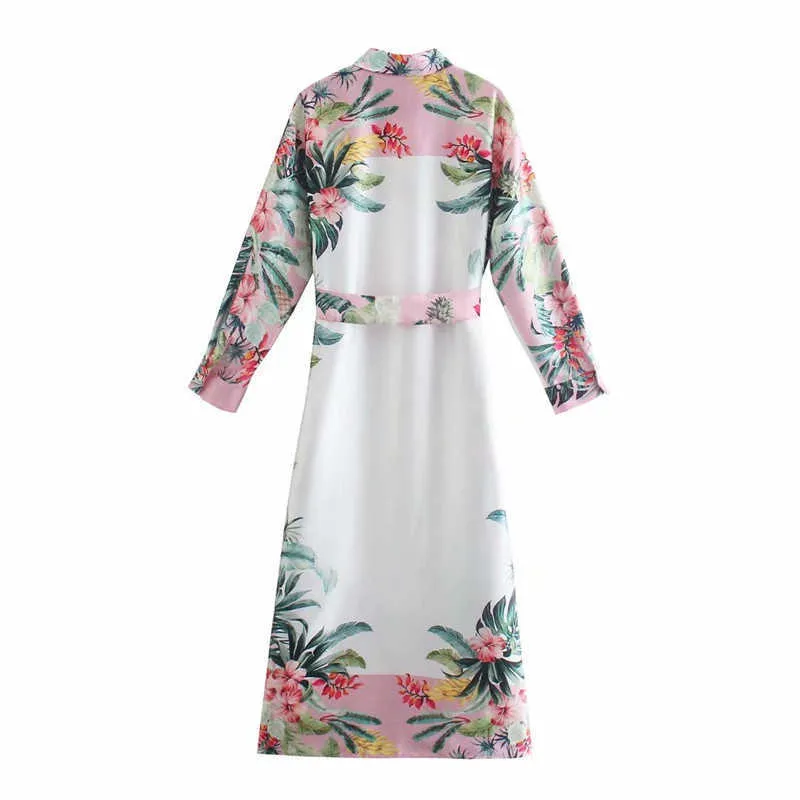 Za Tropical Print Długa Koszula Sukienka Kobiety Z Długim Rękawem Retro Pasted Summer Sukienki Kobiet Button Up Side Slit Party Dress 210602