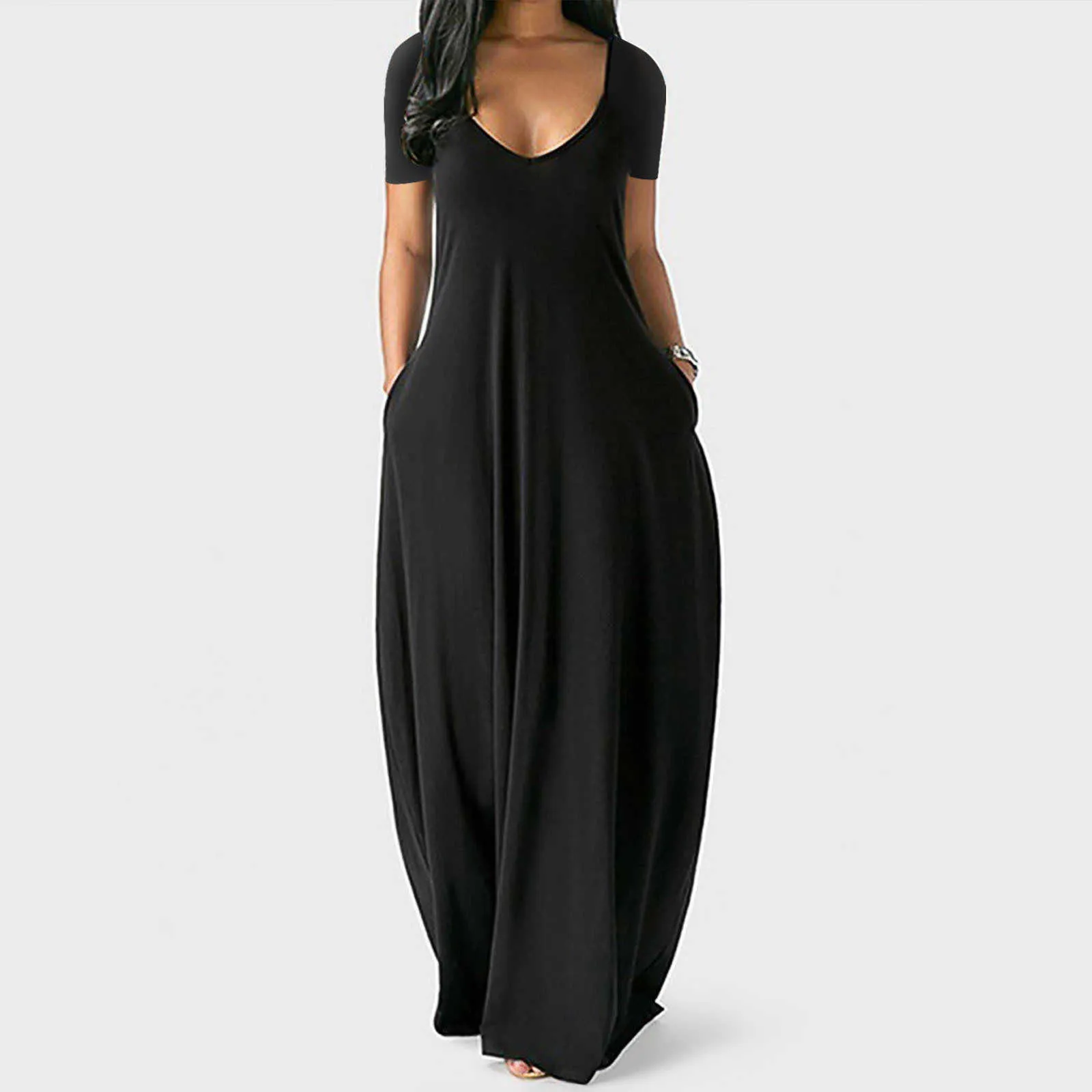 Modna kieszeń z krótkim rękawem luźna damska sukienka w dużych rozmiarach damska obszerna sukienka w stylu casual, letnia jednokolorowa długa spódnica z dekoltem w serek Y1006