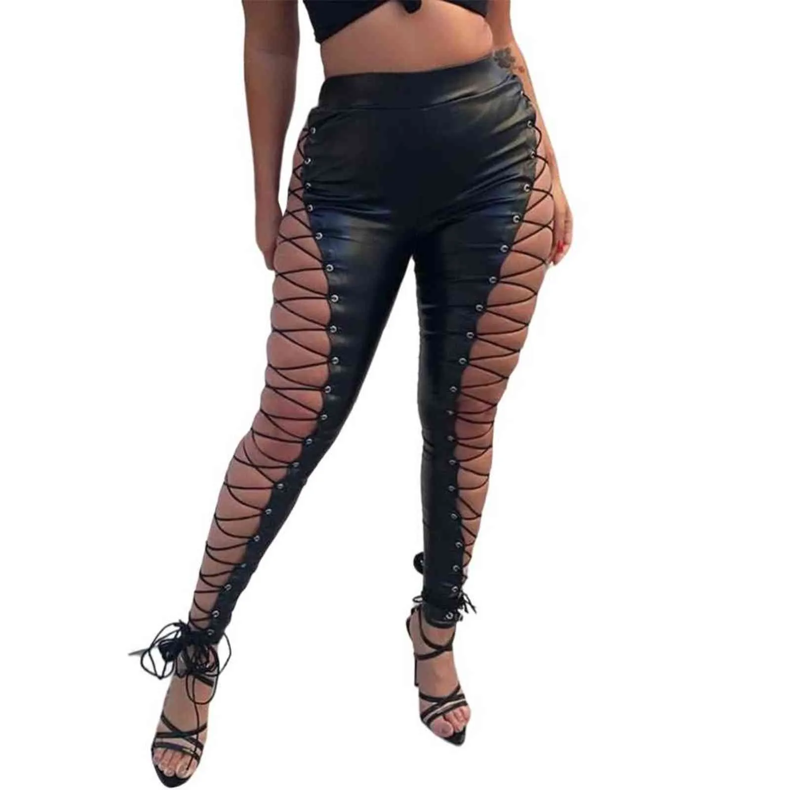 Sexy Black Put Calças Alto cintura Lace Up Bodycon Skinny Lápis Calças Noite Night Party Club Wear Chegasses 211115