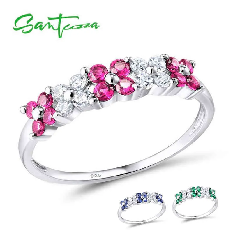 SANTUZZA 925 sterling zilveren ring voor dames Glanzend gemaakt Ruby Green Spinel Blue Cubic Zirconia Elegant Flowers Party Jewelry4973926