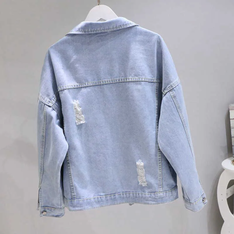 Automne Streetwear BF Lâche Jeans Veste Diamant Harajuku Trous Denim Manteau Femmes Bleu Clair Bomber 210531