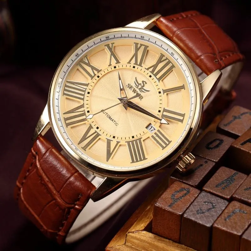 Men Mechanical Hand Wind Watch Retro Gold Roman Numeral Brown Leather Strap Clock Male Casual Automatic Wristwatches215F