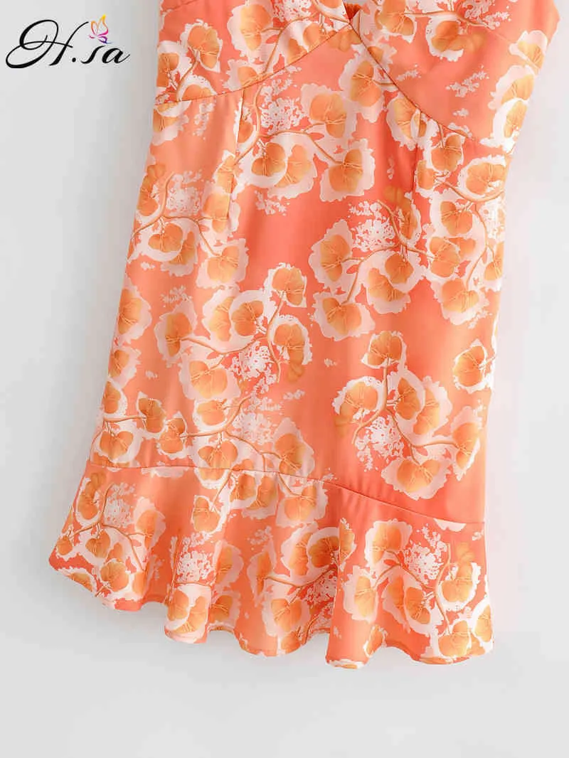 Sexy Sommerkleider für Frauen mit V-Ausschnitt, rückenfrei, plissiert, mit Schleife gebunden, Midi-Orange-Blumen-Robe-Kleid 210430