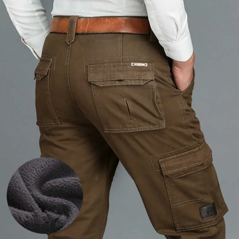Fleece Warm Cargo Pants Men Clothing 6 Pockets Work Casual Winter Pants Men Military Black Khaki Army Trousers for Male 211013