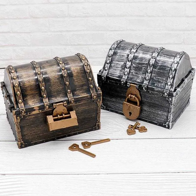 Rétro En Bois Pirate Trésor Coffre Boîte De Rangement De Bijoux Cas Maison Décorative Chambre Jouet Party Favors Props Cadeau 210922