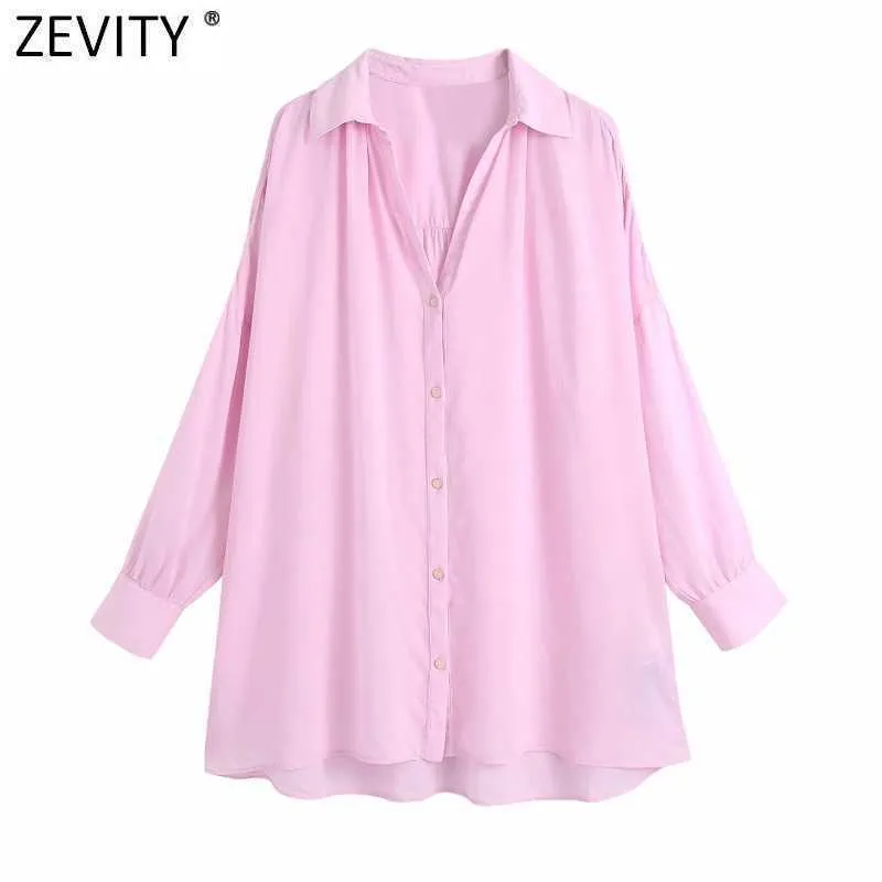 Zevity Frauen einfach rosa Farbe Oversize-Shirts weibliche Rückenfalten Sonnencreme Sommerbluse Roupas Chic Button Chemise Tops LS9369 210603