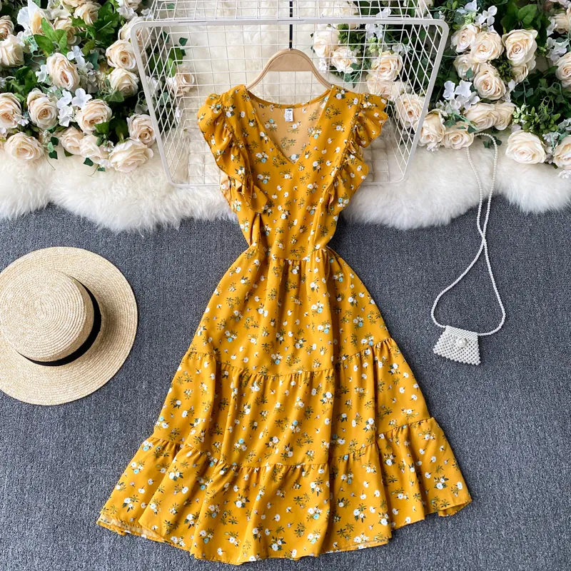 Elegant strand V-nacke Mid-Length Ruffles Sleeve Floral Chiffon Klänning Kvinnor Sommar Retro Slim High Waist Print A-Line 210420