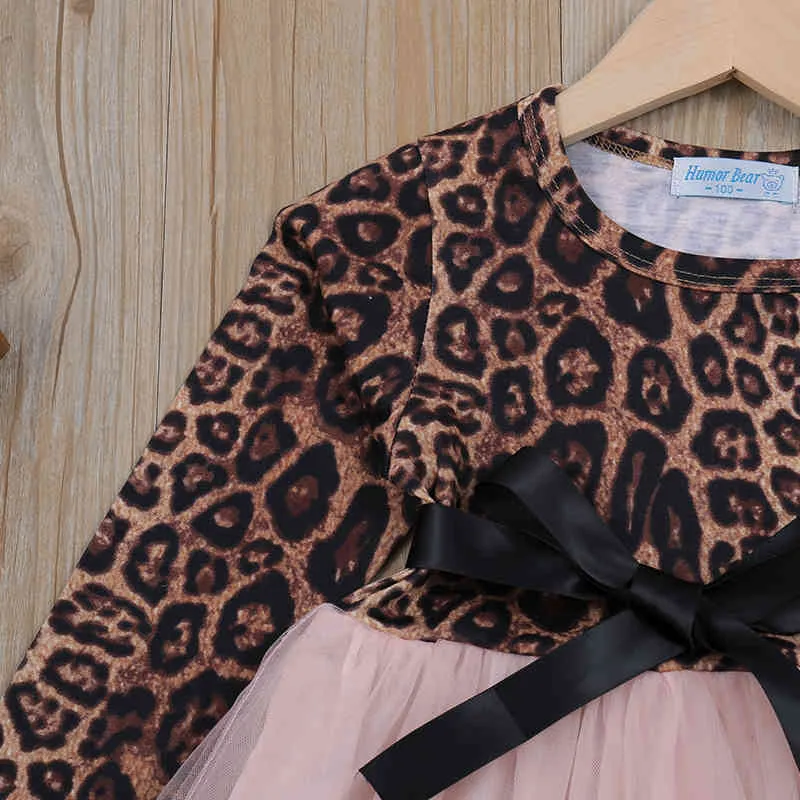 Girls Dress Kids Mesh Patchwork Leopard Bow Princess Fashion Toddler Baby Children Clothing 210515