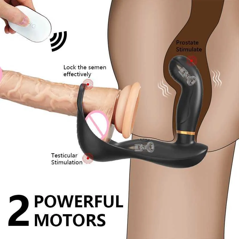 Männliche Prostatamassage mit Ring Doppelvibration Fernbedienung Analvibrator Silikon Sexspielzeug für Männer Butt Plug Penistraining X0602