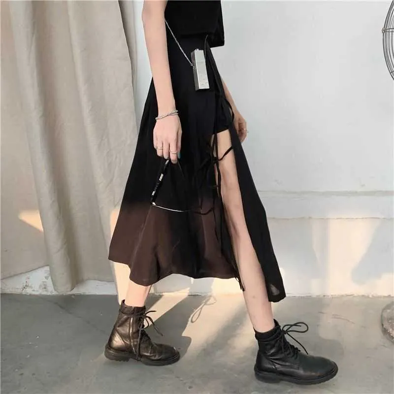 Vintage mörk gotisk hög split mid-calf kjolar kvinnor elegant mode party club midja femme botten streetwear goth kjol 210629