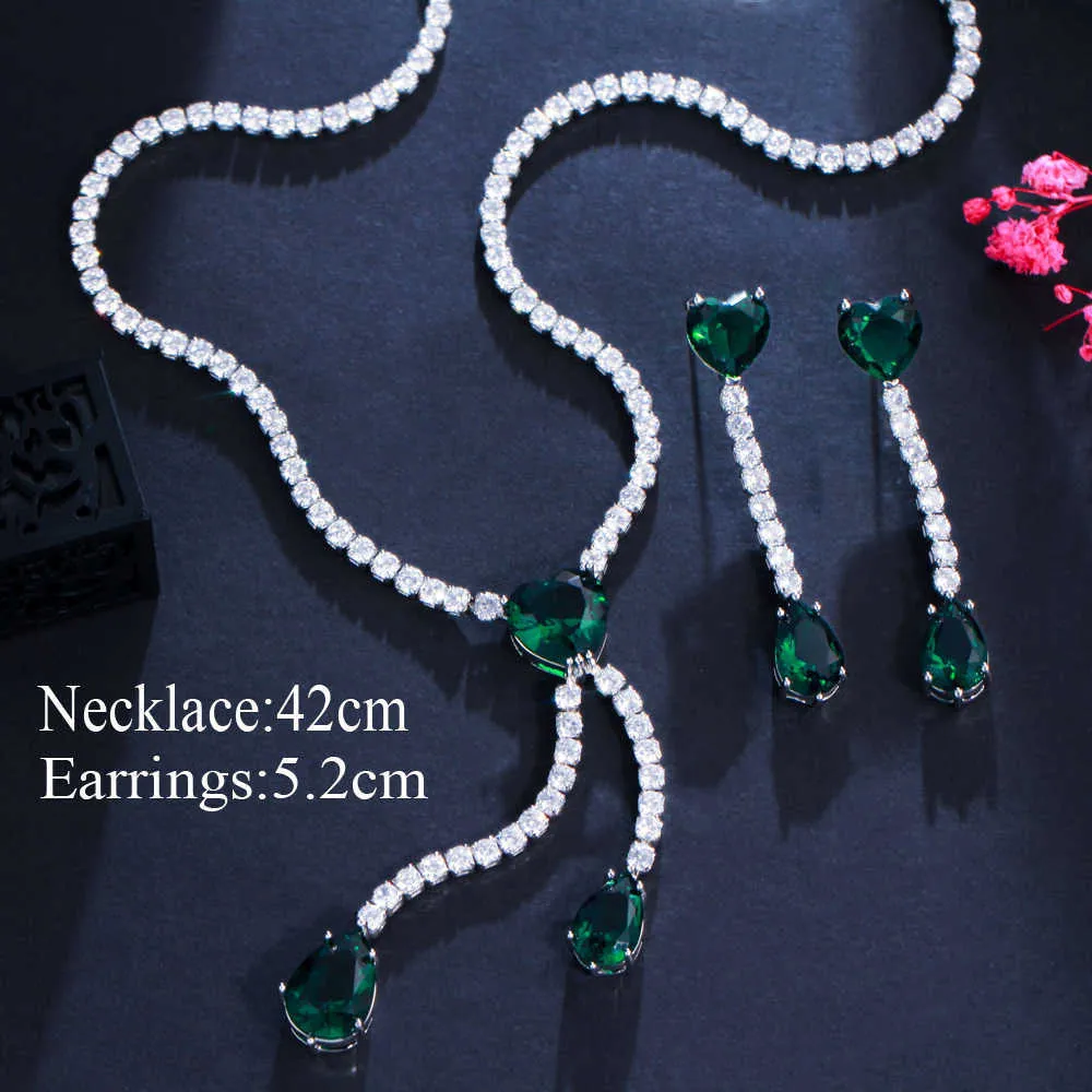 CWWZircons Shiny Elegant Dangle Water Drop Green Cubic Zirconia Necklace Earrings Wedding Collection Jewelry Set for Brides T556 H1022