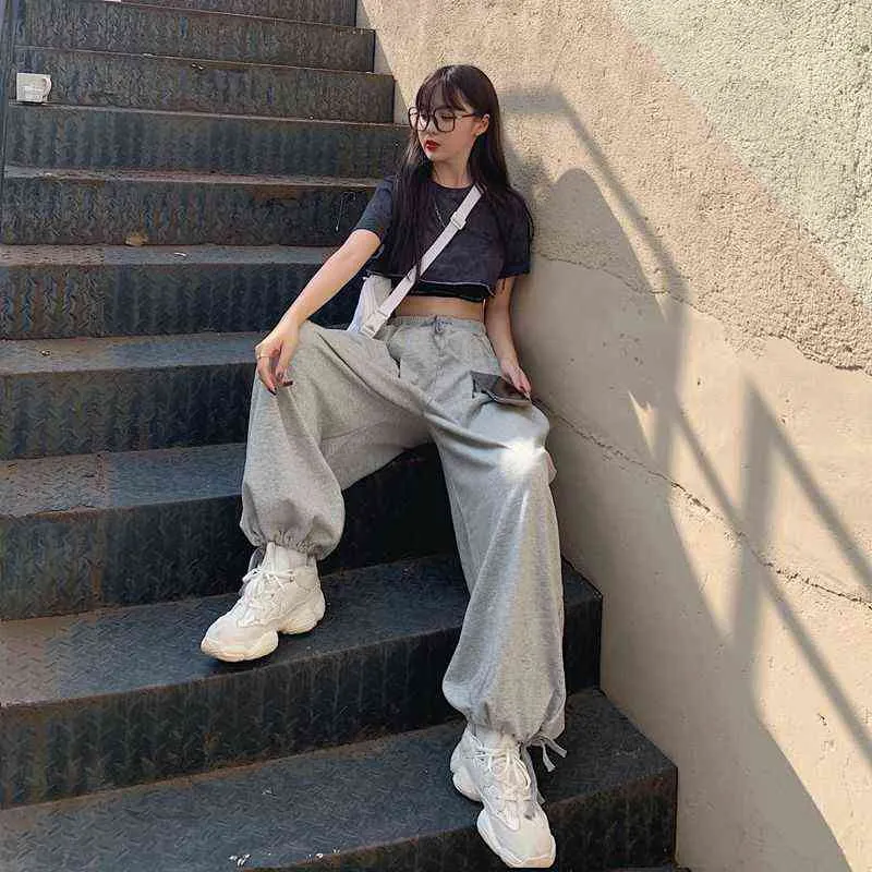 MINGLIUSILI Stile Coreano Pantaloni Larghi del Piedino Delle Donne di Modo di Estate Grigio Pantaloni Della Tuta A Vita Alta Allentato Casual Solid Jogging 211115