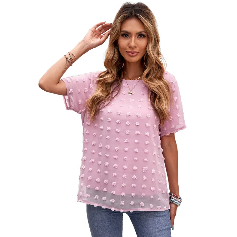 Chiffong Sheer Blusar Kvinnor Sommar Polka Dot Top Broderi O-Neck Kortärmad Lös Casual Fashion Plus Storlek Vit Gaze Shirt