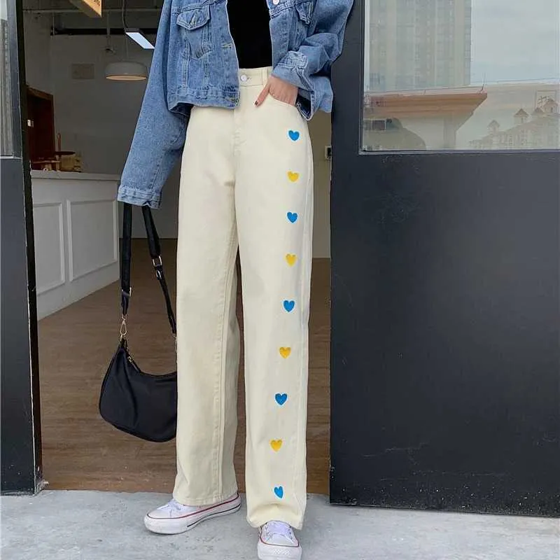 Love Heart Broderoy Femmes Jeans Pantalons Coréens Taille Haute Pantalon Long Printemps Demin Droit 6E640 210603