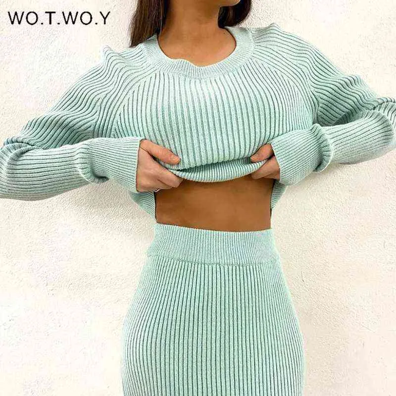 WOTWOY Knitting Cashmere Pullover and Skirt Two Piece Set Women Slim Fit Cropped Tops Women Autumn Elegant Sweater Outfits Women 211109