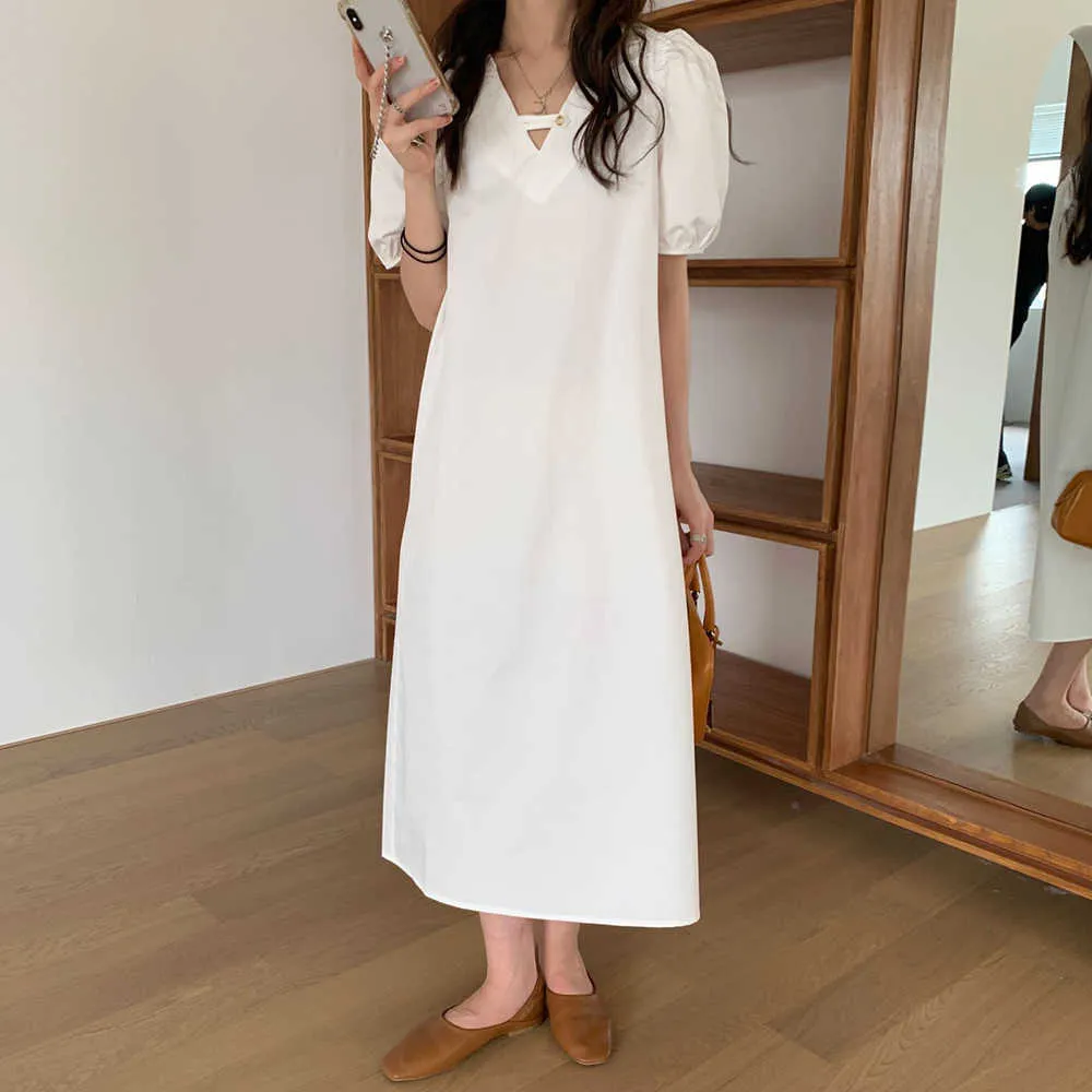 Design V-Neck Summer Office Lady Minimalist Party Loose High Waist Casual Femme Long Dresses Vestidos 210525