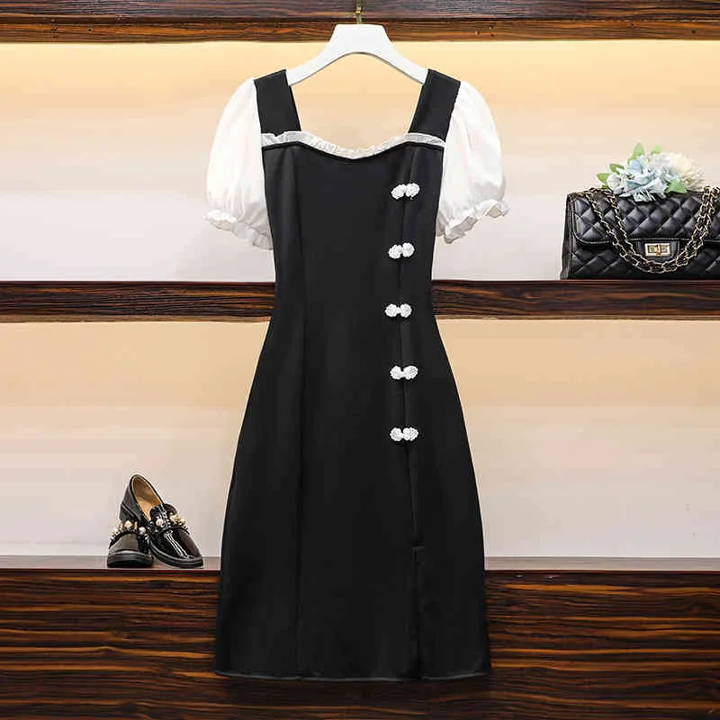 Summer Black Dress For Women Vintage Chinese Style Short Sleeves A Line Dresses Female Clothing 210428