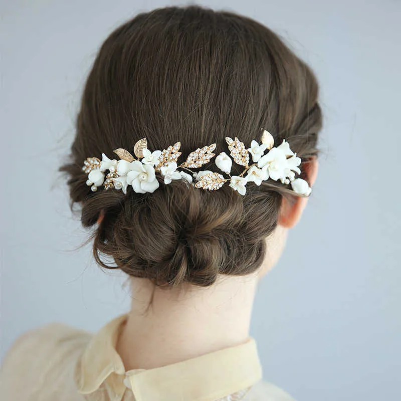 Jonnafe porcelaine fleur mariée épingles à cheveux pièce feuille d'or mariage casque à la main femmes bal cheveux accessoires X0625