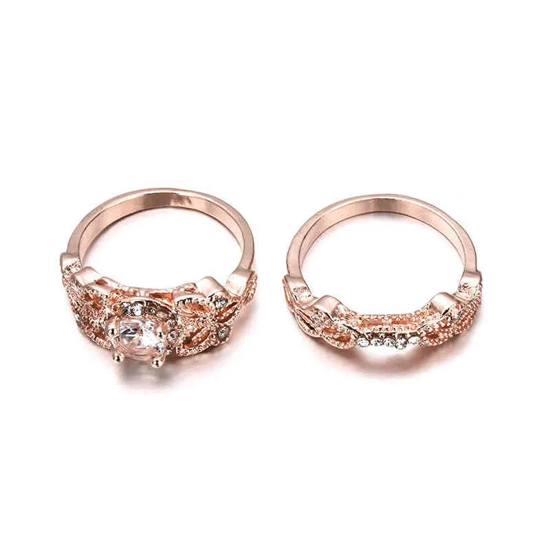 Conjunto de anéis de casamento femininos luxuosos, 2 peças, brilhante, corte redondo, pedra de zircônia, anéis, cor ouro rosa, acessórios de joias de cristal para festa 7765359