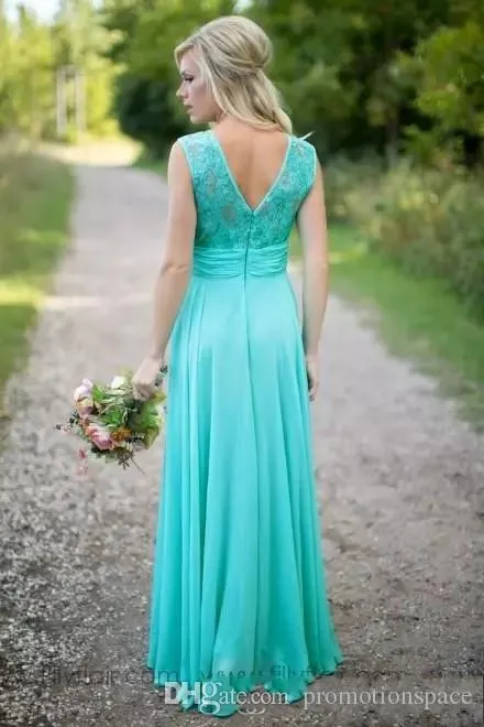 2019 Cheap Country Turquoise Mint Bridesmaid Dresses Illusion Neck Lace Beaded Top Chiffon Long Plus Size Maid of Honor Wedding Party Dress