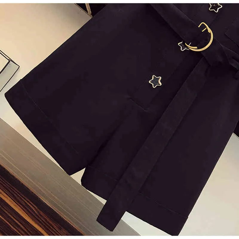 Mujeres elegante casual negro estrella botón bolsillo cinturón pantalones cortos rectos mamelucos monos tallas grandes J3004 210514