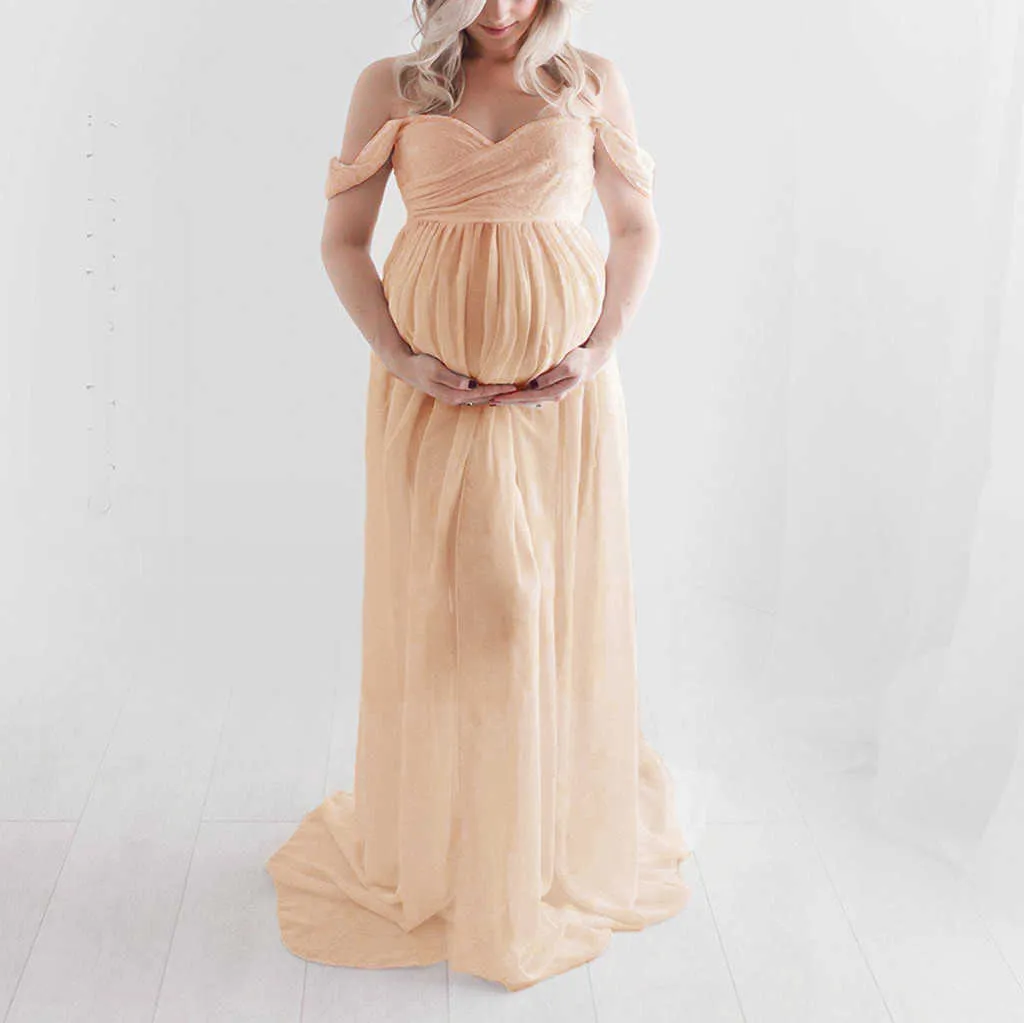 Maternity Dresses Pleated Women Off Shoulder Pregnants Sexy Photography Ruffled Nursing Long Dress Vestido Baby Shower Dress Y0924