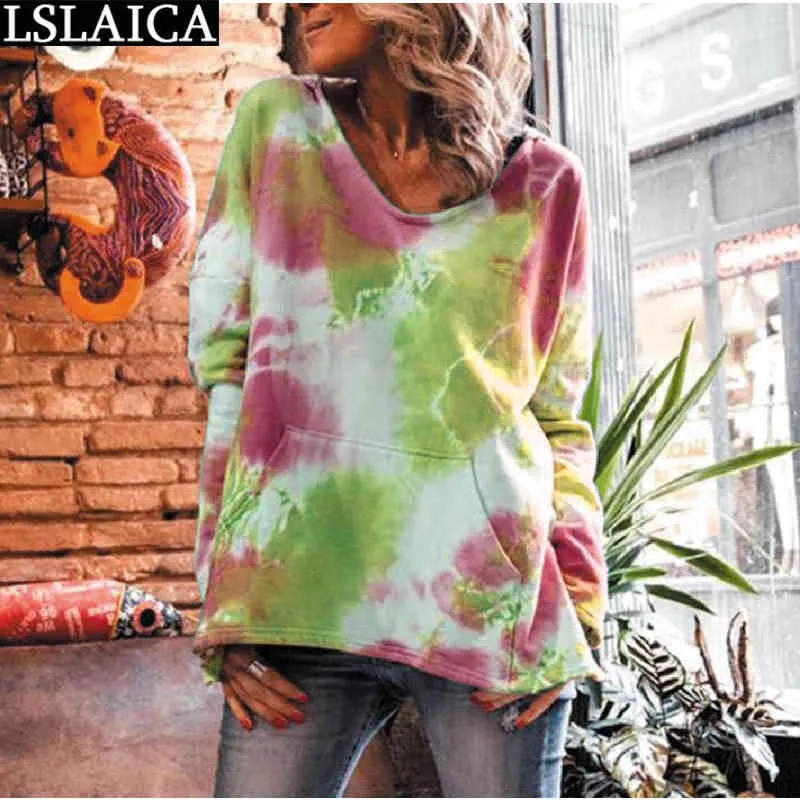 Sweatshirt Women Fashion Tie Dye Print Hoodies Long Sleeve Female Sweatshirts Casual Loose Pocket Tops Autumn Plus Size Clothes 210520