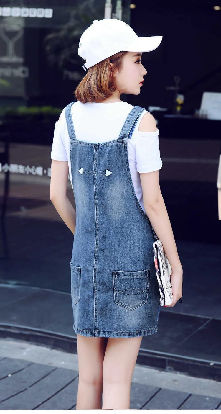 Women Jeans Suspender Dress Summer Mini Loose A-line Short Casual Multi-pocket Adjustable Strap Blue Overalls 210604