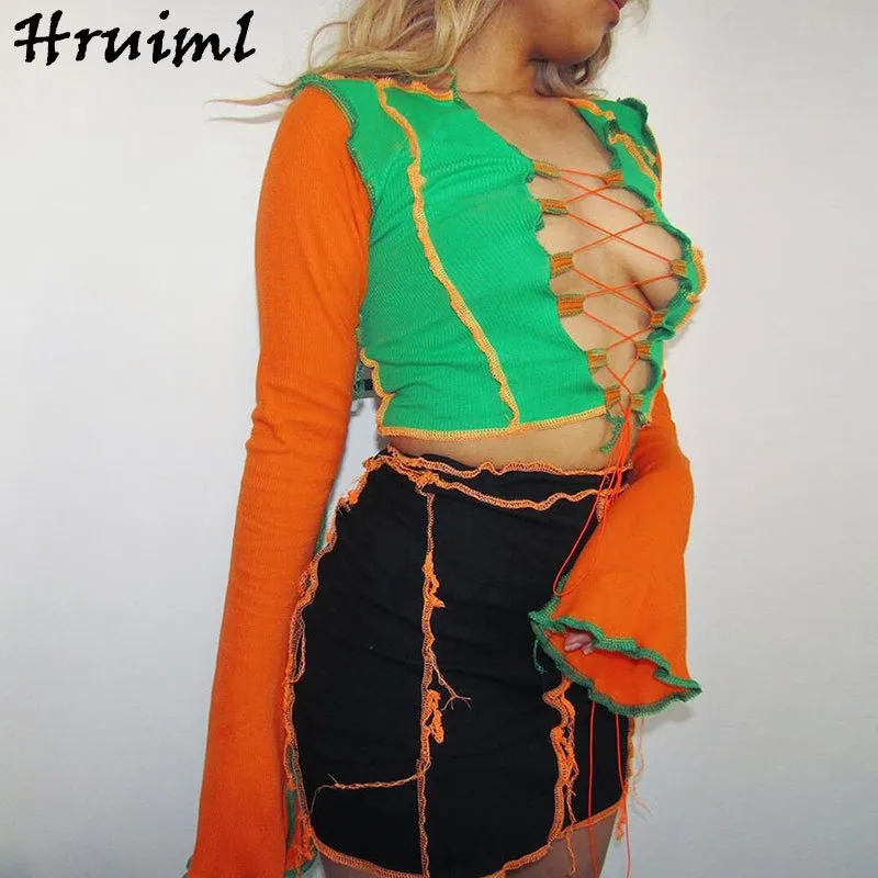 T Shirt Crop Top Manica lunga femminile OrangeGreen Patchwork Scava fuori Ladies Sexy Bandage Moda Abbigliamento donna Streetwear 210513