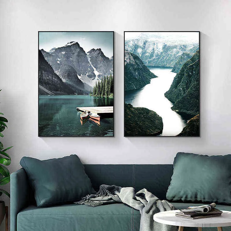 Scandinave Voyage Paysage Toile Peinture Montagne Bateau Herbe Nordique Affiche Imprimer Mur Art Photo Moderne Salon Décor 211222