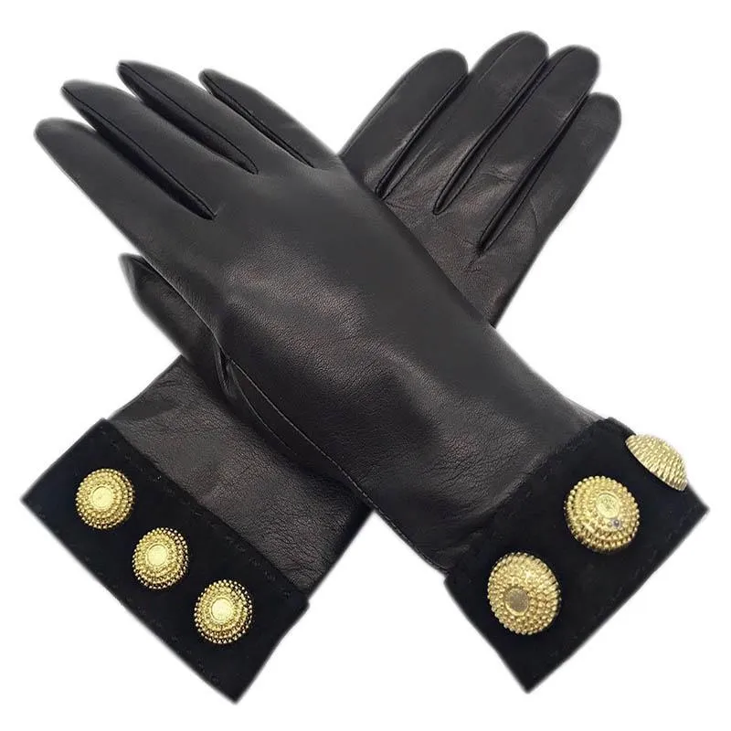 Cinq doigts gants hiver dames poignet mode peau de chèvre noir chaud véritable conduite cuir moto points d'équitation doigt laine L