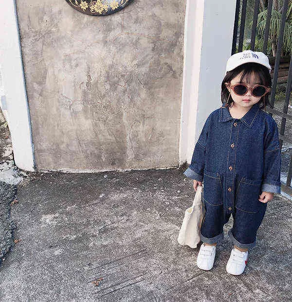 Korean style infant boys girls cartoon printed long sleeve denim Bodysuits 1-6 years kids loose casual jumpsuits 211229