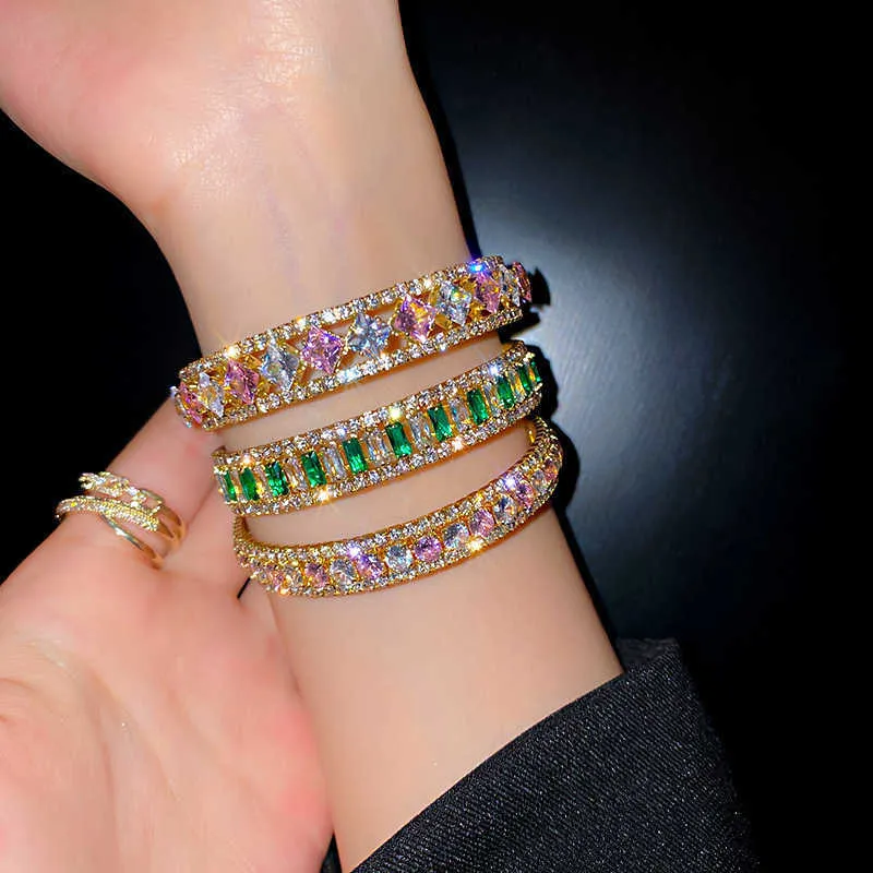 Fyuan Geometric Zircon Armband Bangles För Kvinnor Rosa Grön Kristall Manschett Armband Bröllopsfest Smycken Q0719