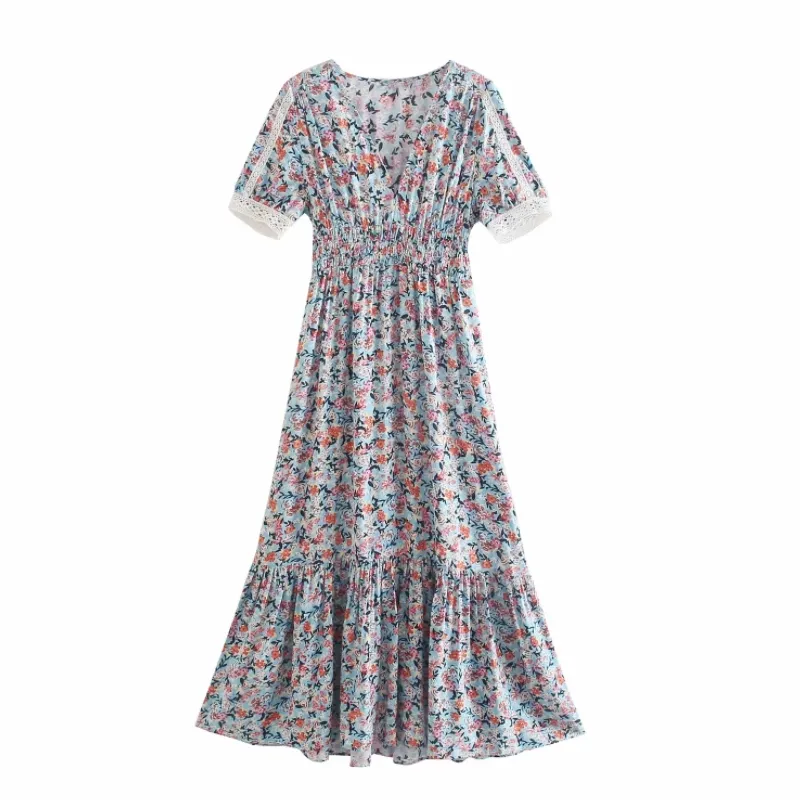 Sommar kvinnor blomma utskrift v nacke midi klänning kvinnlig spets splicing kortärmad kläder casual lady slim vestido d7729 210430