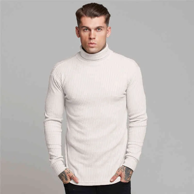 Blanc décontracté pull à col roulé hommes pulls automne hiver mode pull mince solide Slim Fit tricots à manches longues tricots 210421