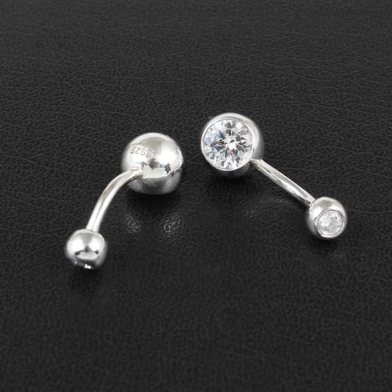 Real 925 sterling silver belly button ring clear double zircon stones body ball navel bar piercing jewelry