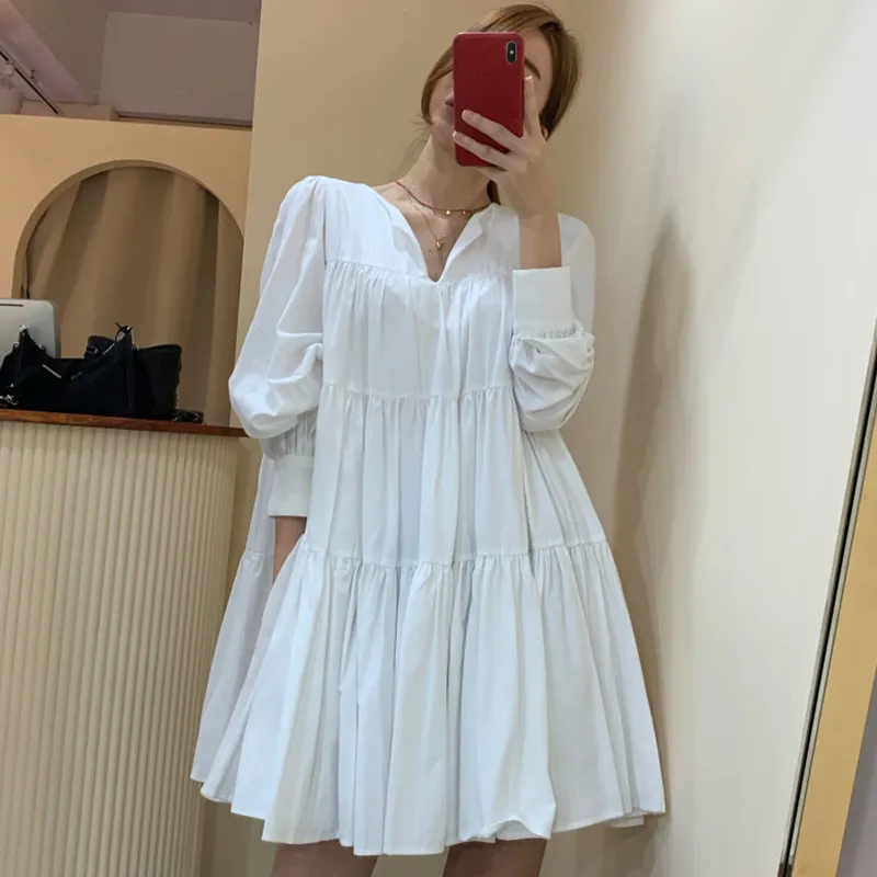 Nomikuma automne bouffée à manches longues femmes robes coréenne plissée col en v casual poupée robe douce a-ligne Vestidos Femme 6C304 210427