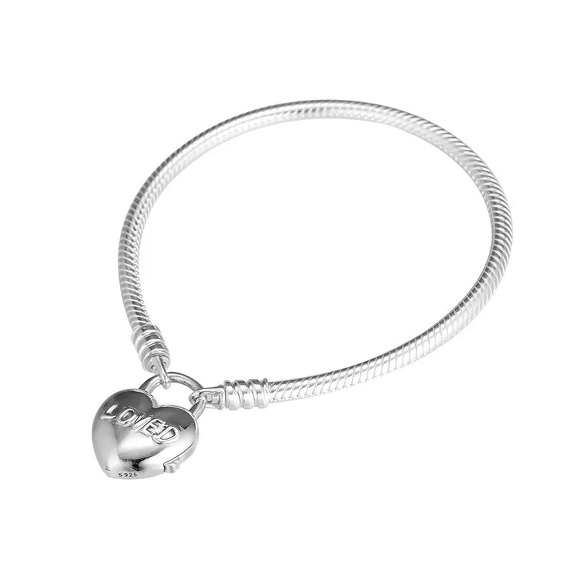 Original 925 Sterling Silver Women Jewellery Moment Smooth Snake Chain Charms Bracciali Loved Heart Lock Regali fai da te