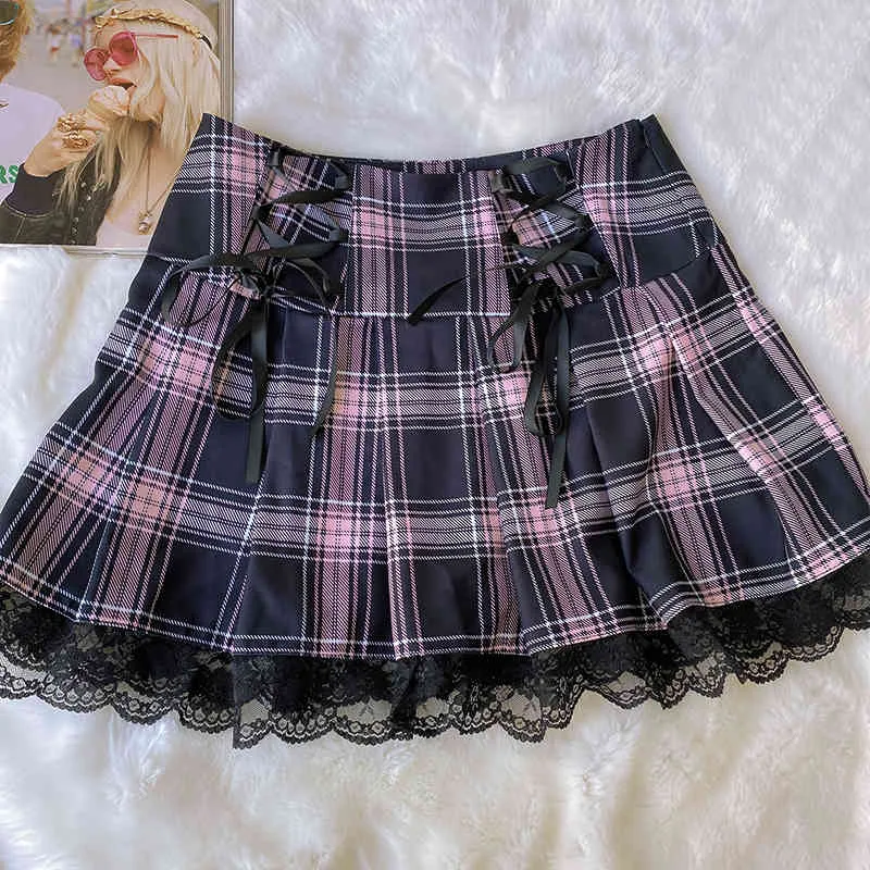 Gothic Punk Girls Pink Plaid Pleated kjol Kvinnor Streetwear Harajuku Y2K Fashion Sweet Lace Spicice Mini kjolar Hot lolita kjol 210331