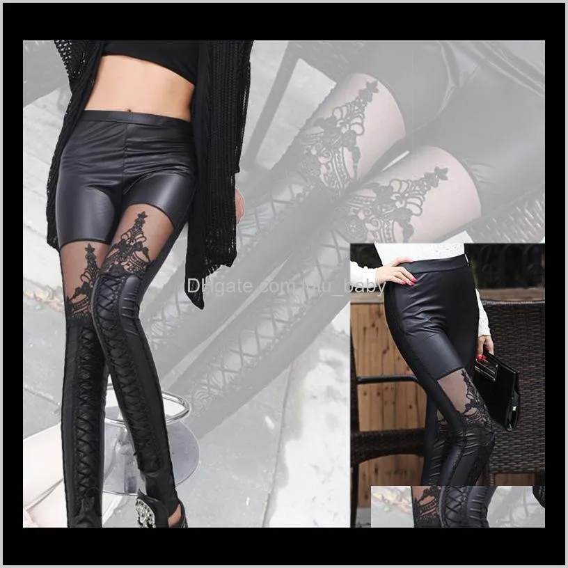 black legins punk gothic fashion women leggings sexy pu leather stitching embroidery hollow lace legging for women leggins