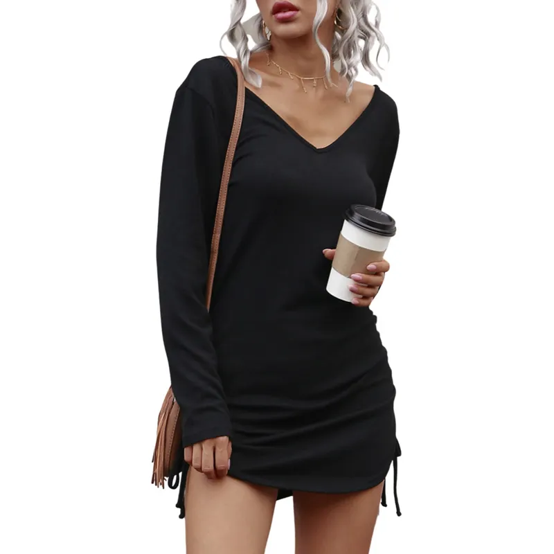 Women Dress Female Long Sleeve V-Neck Ruched Pencil Outfits Elegant Ladies Solid Color Spring Autumn Clothing 210522