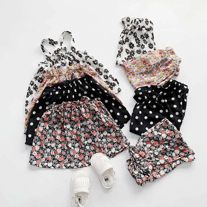 Sommer Kinder Mädchen 2-tlg Sets Floral Sling Shirts + Elastische Taille Anti Moskito Hosen Kinder Kleidung E5218 210610