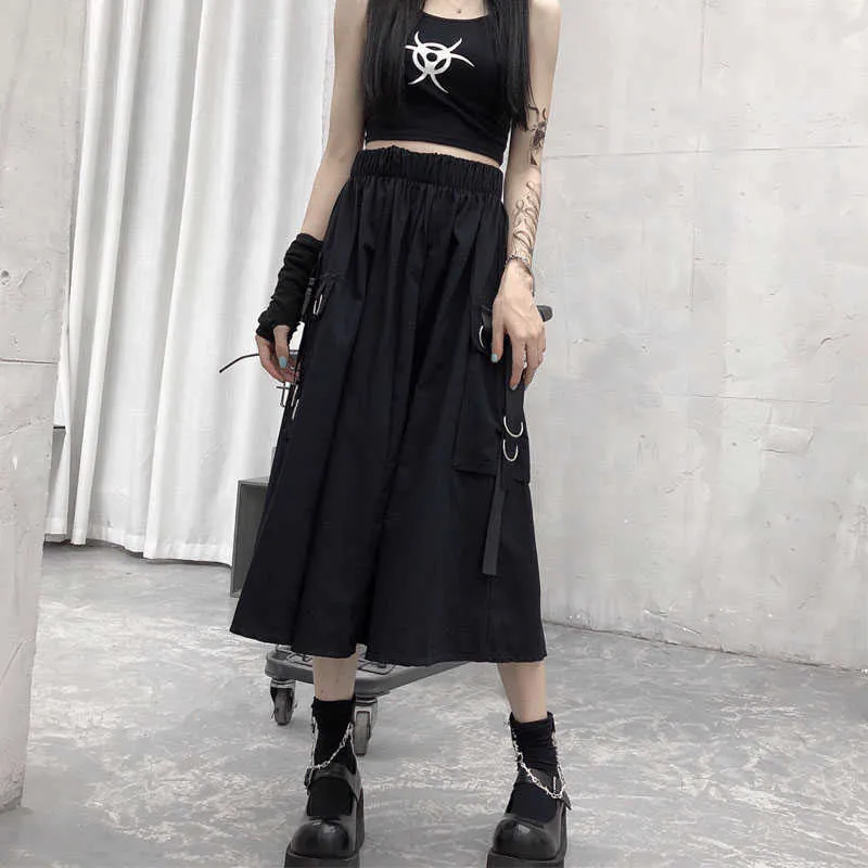 Gothic High Waist Cargo Spódnice Kobieta Harajuku Loose A-Line Pocket Midi Długa Czarna Spódnica Hip Hop Moda Streetwear Oversize 210629