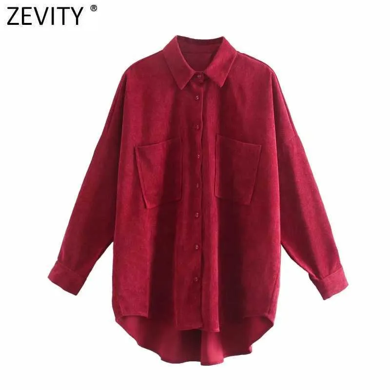 Zevity Kobiety Moda Kieszenie Patch Casual Loose Corduroy Bluzka Office Lady Nieregularne Koszulki Chic Koszulki Blusas Topy LS7394 210603