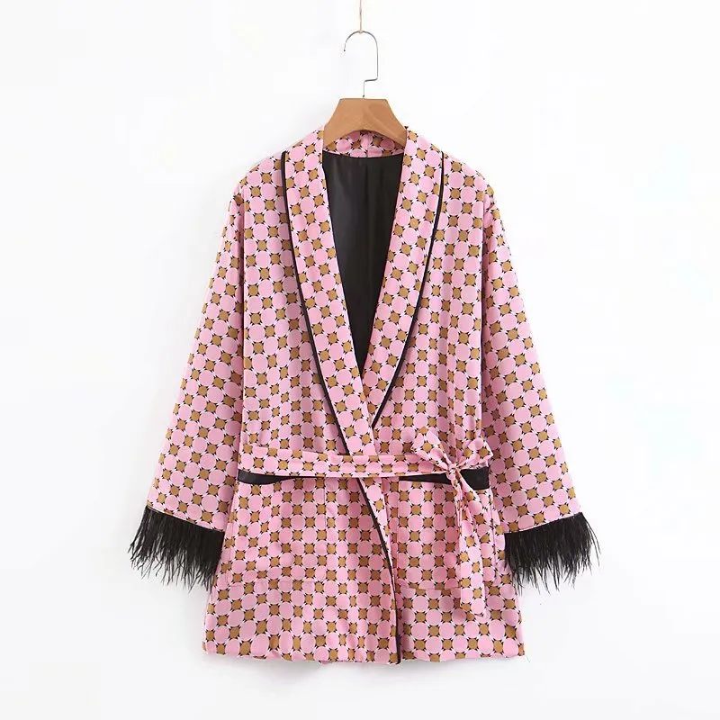 Women's suits Spring Summer Pink Geometric Printing Feather Kimono Jacket vertical Wide Leg Pants Pajamas Suits Two Piece Set X0428