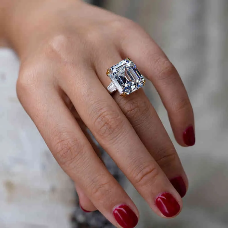 オヴァス100％S925スターリングシルバー高級スクエアピンクイエローホワイトハイカーボンダイヤモンド結婚指輪用女性パーティーファインジュエリー