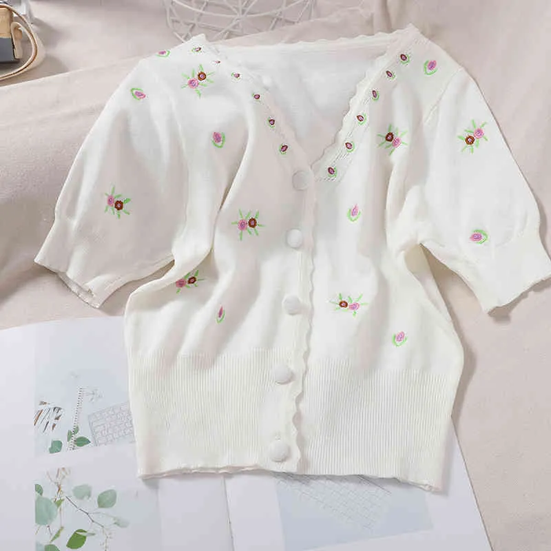 Korobov Fashion Aging Embroidery Fresh and Versatile Thin Knit Cardigan Female Korean Version of The Wave Side V-neck Sweet Top 210430