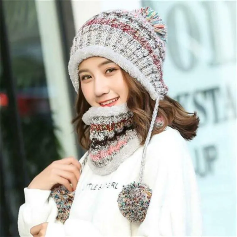 Hattar, halsdukar handskar set vinter kvinnor stickad hatt halsduk kvinnlig varm set mode ull förtjockar avslappnade snö mössor