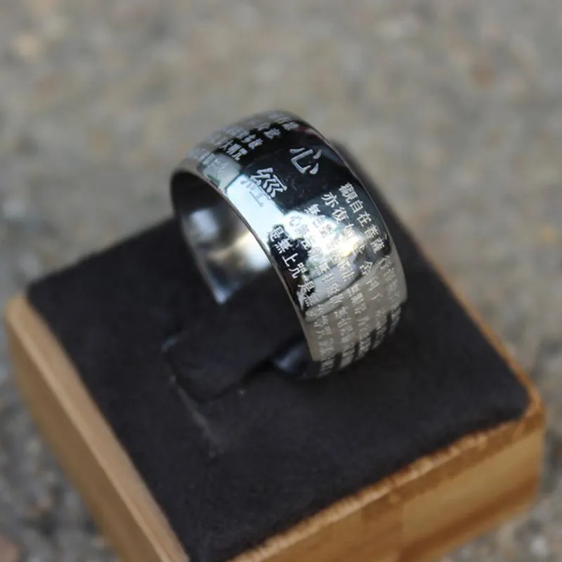 Anéis de casamento vintage buda rimbuu sutra feitiço runa anel de fé budismo aço largo para mulheres homens budista ajuste confortável presentes207p