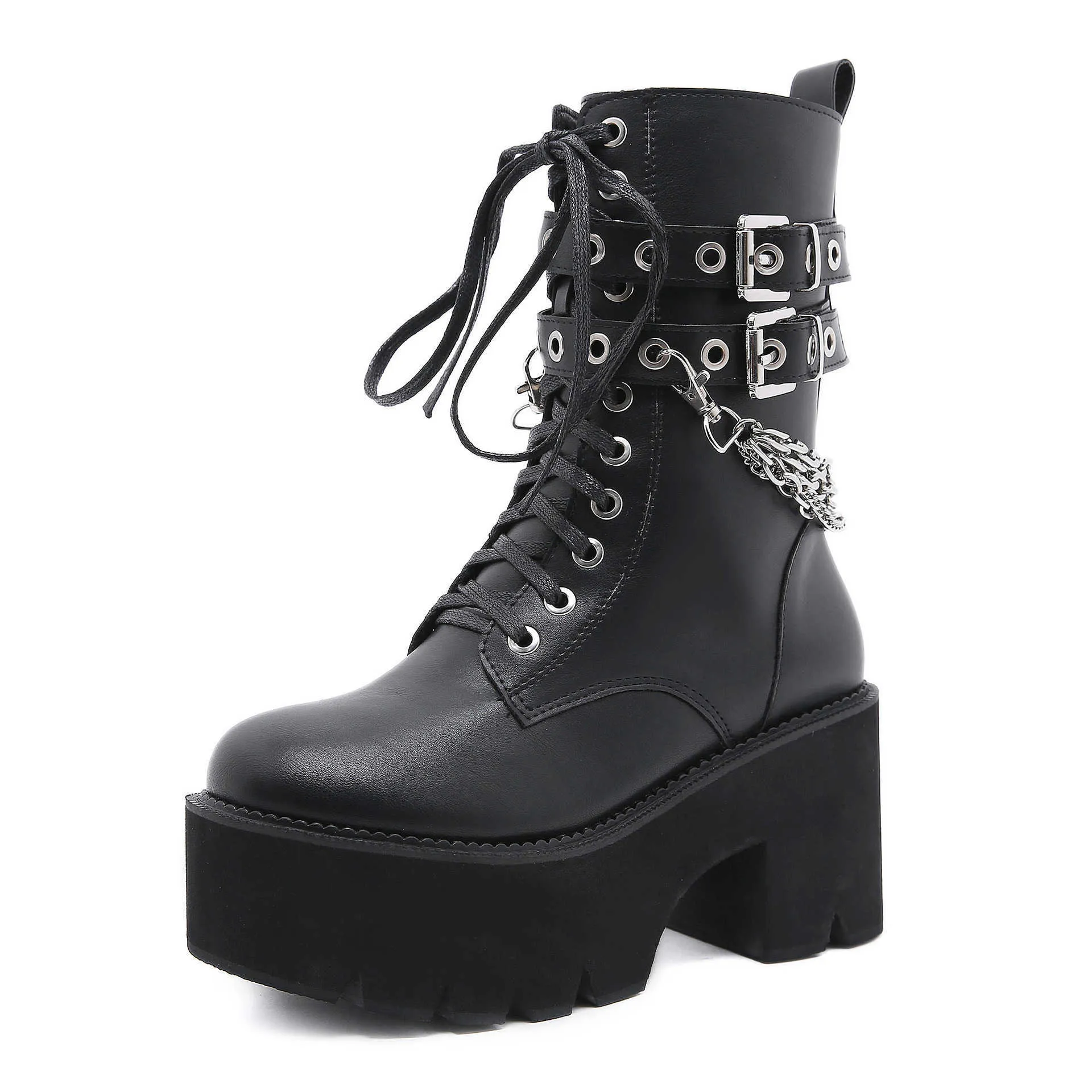 Black Boots Women Heel Sexy Chain Chunky Heel Platform Boots High Quality Leather Gothic Female Punk Style Ankle Boots Zipper Y0914